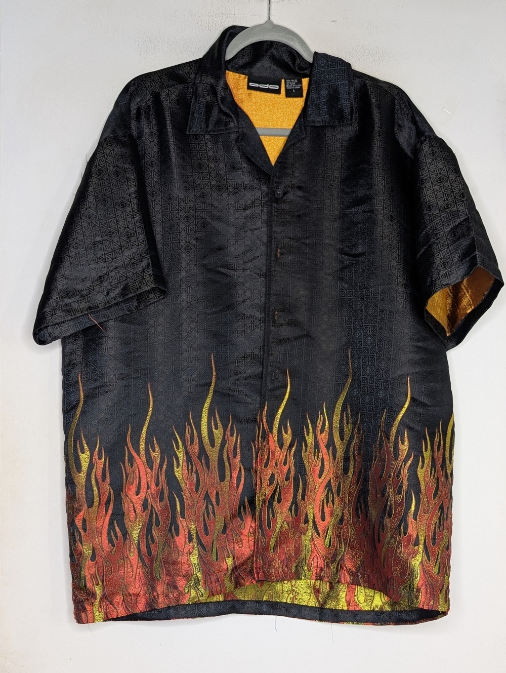 Odo Black Metallic Flames Collar Button Down Y2K 2000s 90s Vintage Shirt , Large